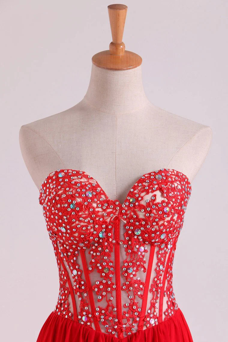 Sweetheart Embellished Tulle Bodice With Beaded Applique Pick Up Flowing Chiffon Party DressSweetheart Embellished Tulle Bodice With Beaded Applique Pick Up Flowing Chiffon Party Dress